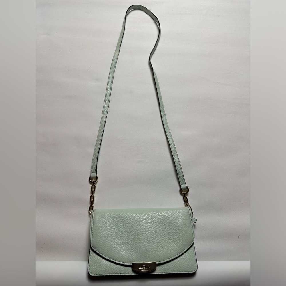 Kate Spade thin mint green crossbody, flap purse. Adjustable strap